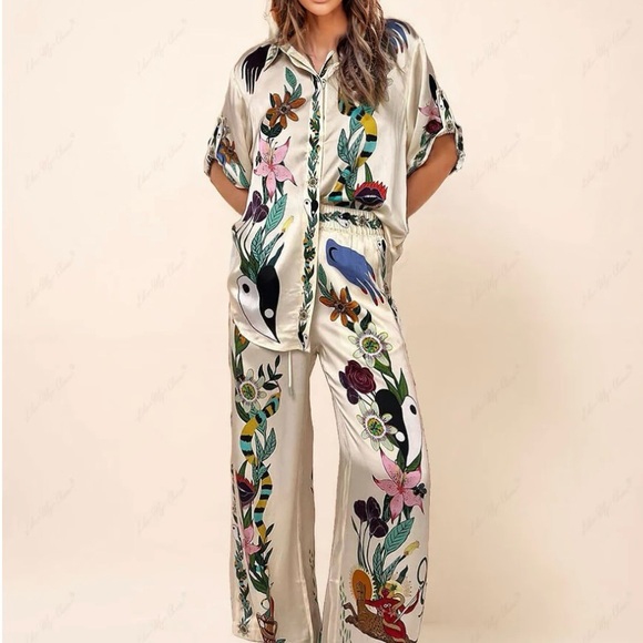 Patterned (multi-color) satin pant set - as seen on “Like My Choice” & Commense. - Picture 2 of 5